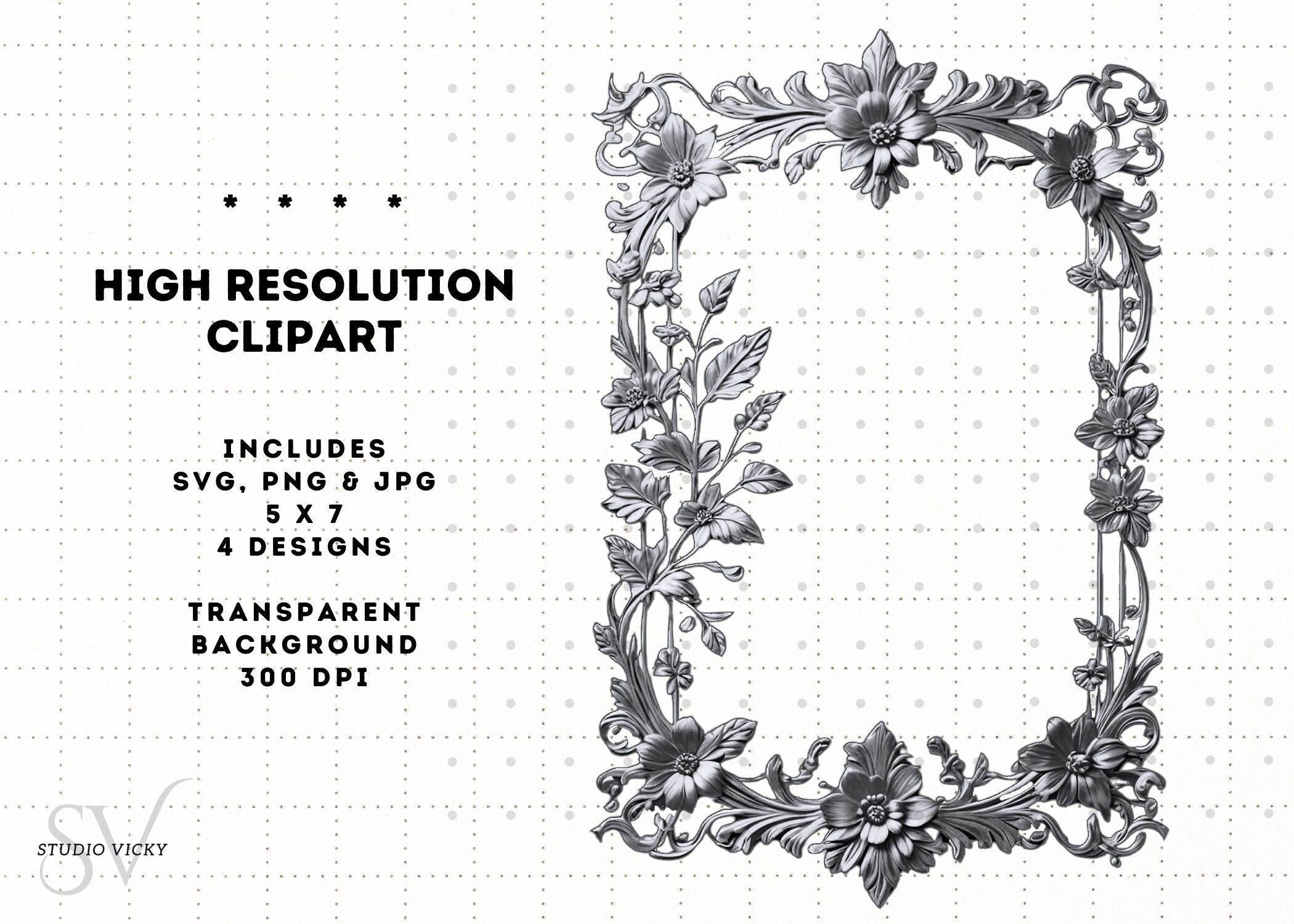 Gold and Silver Floral Vintage Frames, Regency Style (SVG, PNG, JPG)