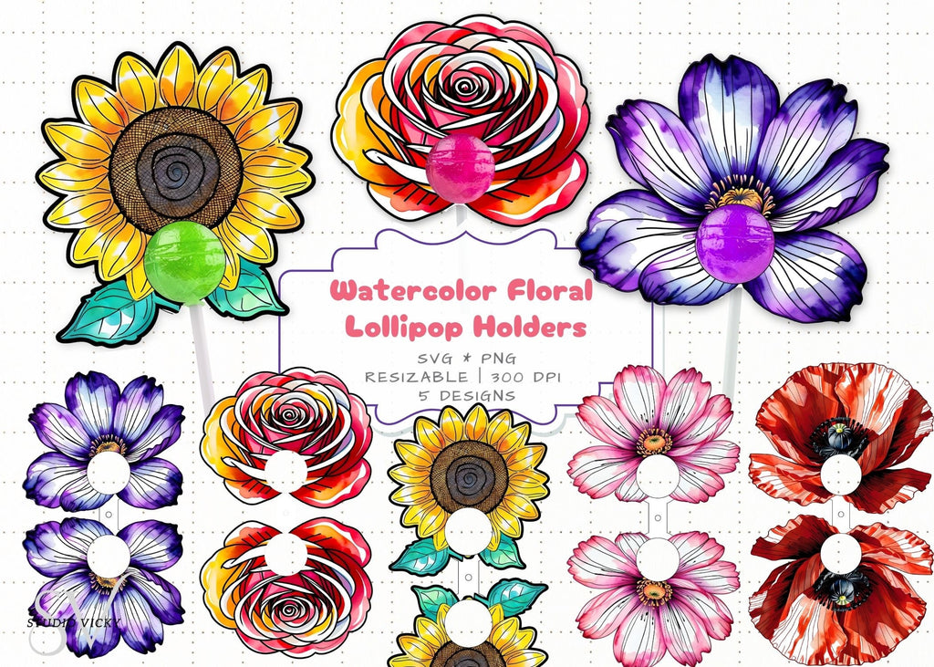 Flower Lollipop Holder SVG Bundle: Rose, Sunflower, Poppy (Digital Download)