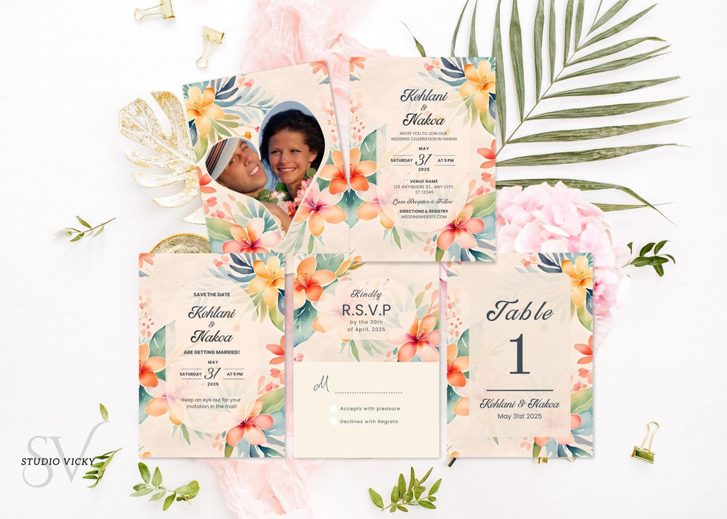 Tropical Wedding Invitation Template Set: Hawaiian Floral (Canva Digital)