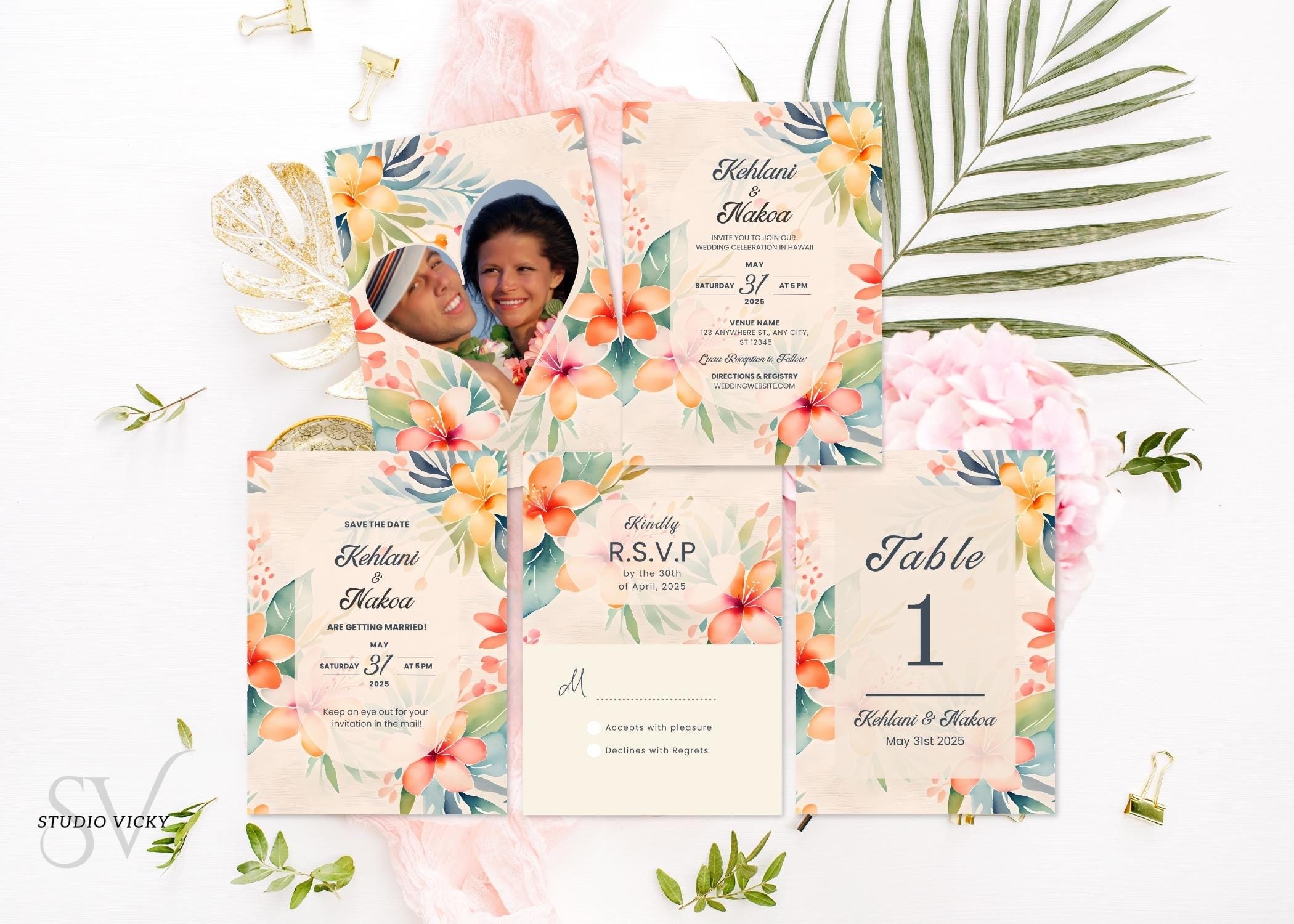 Tropical Wedding Invitation Template Set: Hawaiian Floral (Canva Digital)