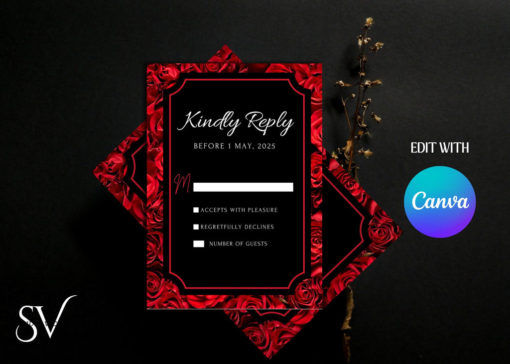 Gothic Rose Wedding Invitation Template: Dark Romance Canva Suite