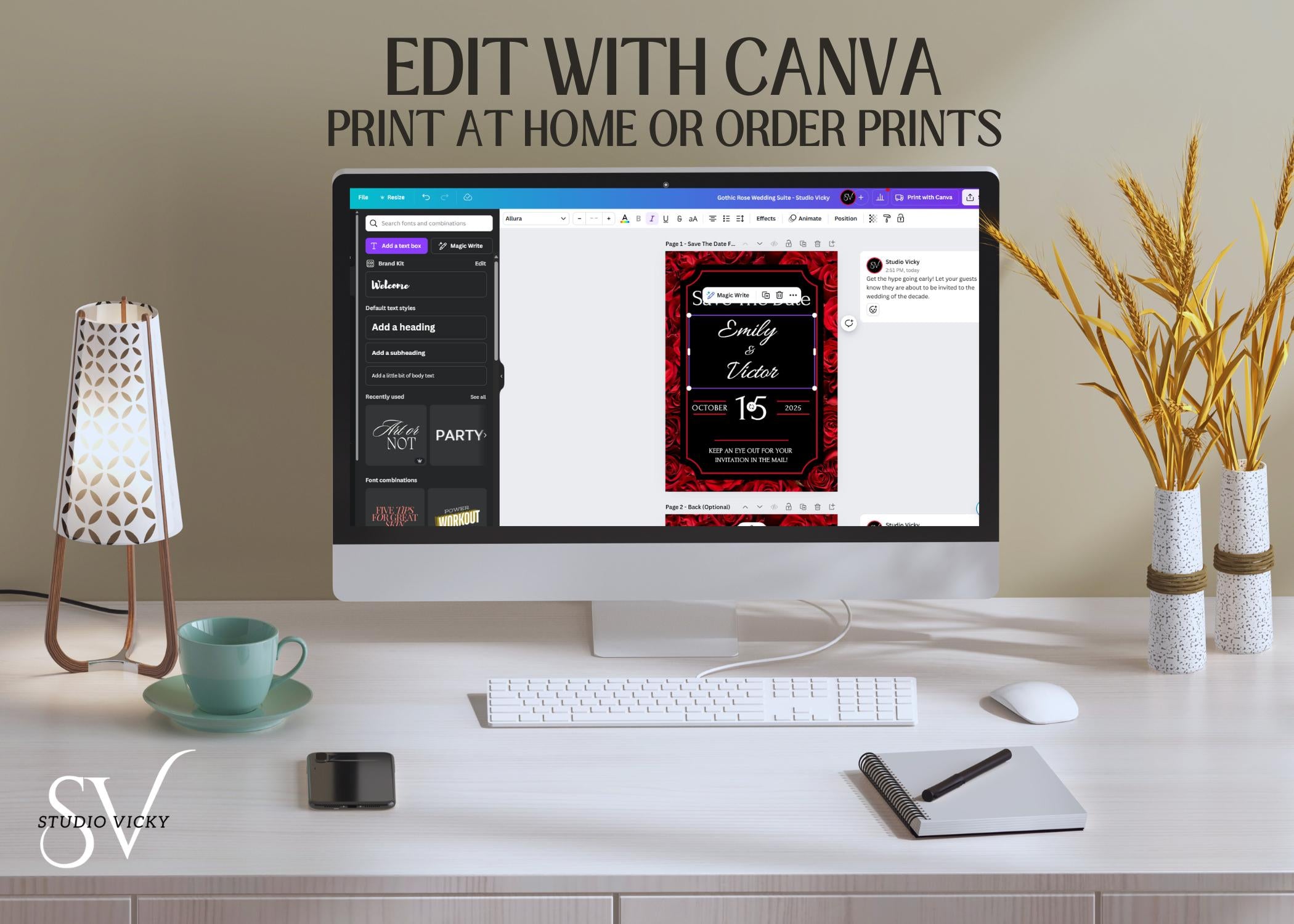 Gothic Rose Wedding Invitation Template: Dark Romance Canva Suite