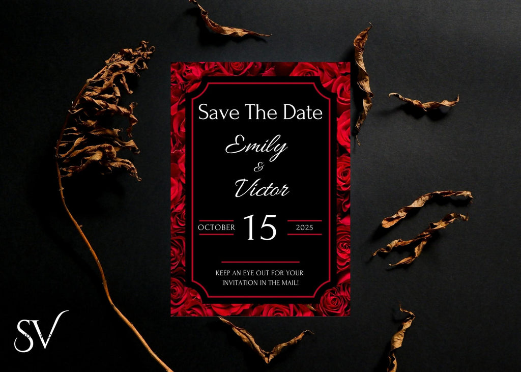 Gothic Rose Wedding Invitation Template: Dark Romance Canva Suite