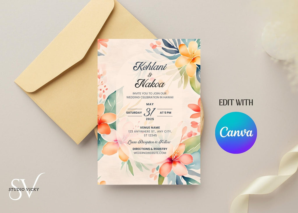 Tropical Wedding Invitation Template Set: Hawaiian Floral (Canva Digital)