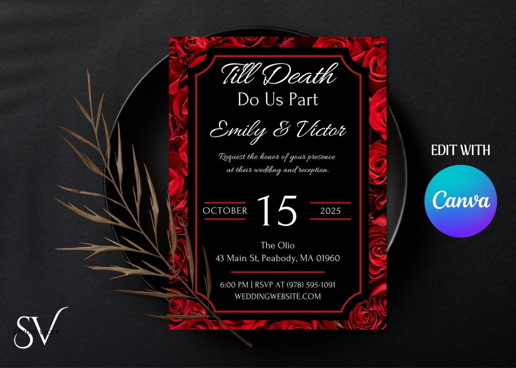 Gothic Rose Wedding Invitation Template: Dark Romance Canva Suite