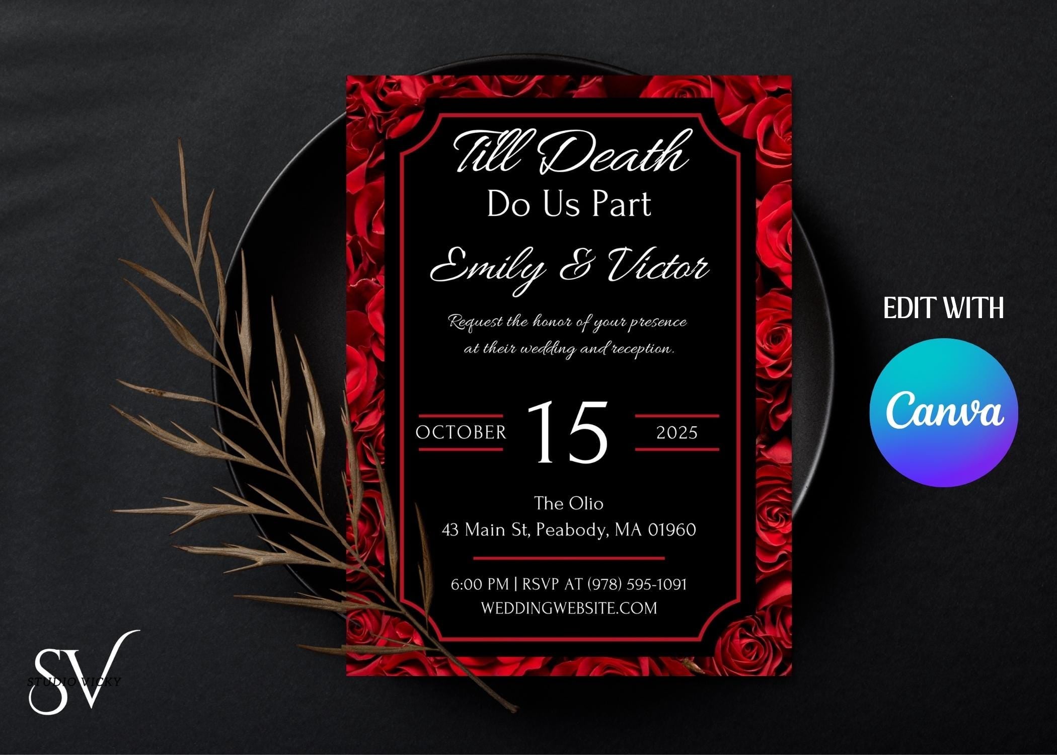 Gothic Rose Wedding Invitation Template: Dark Romance Canva Suite
