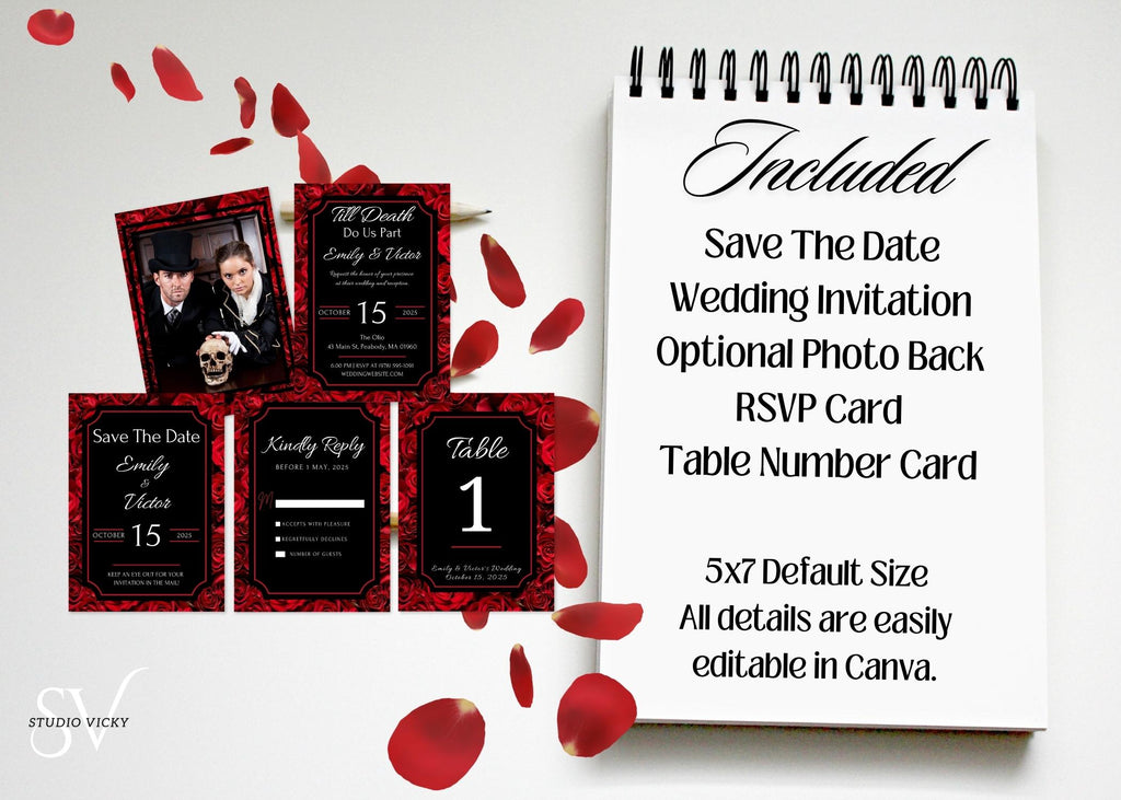 Gothic Rose Wedding Invitation Template: Dark Romance Canva Suite