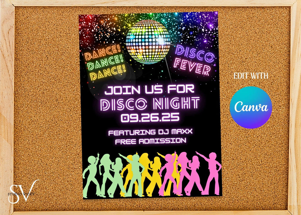 Disco Party Poster Canva Template: Retro Dance Night Flyer (8.5x11) (Digital Download)
