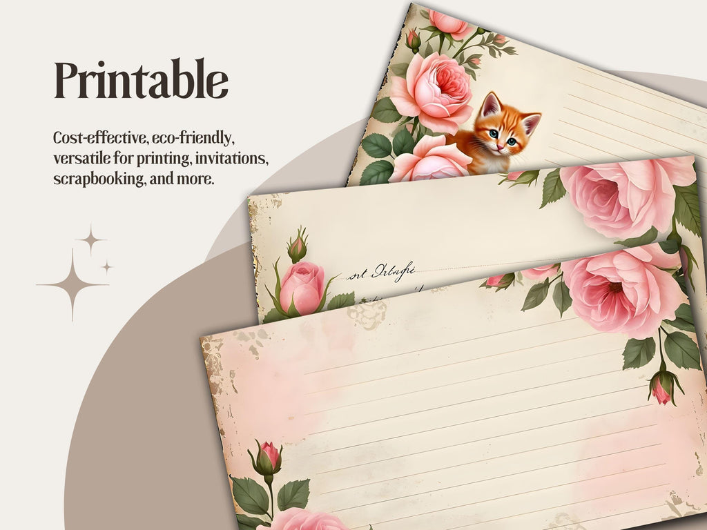 Shabby Pink Rose Kitten Journal Pages: Printable Ephemera Kit (PDF Download)