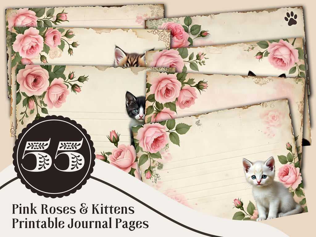 Shabby Pink Rose Kitten Journal Pages: Printable Ephemera Kit (PDF Download)