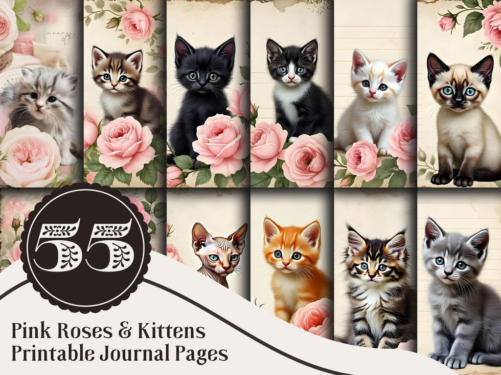 Shabby Pink Rose Kitten Journal Pages: Printable Ephemera Kit (PDF Download)