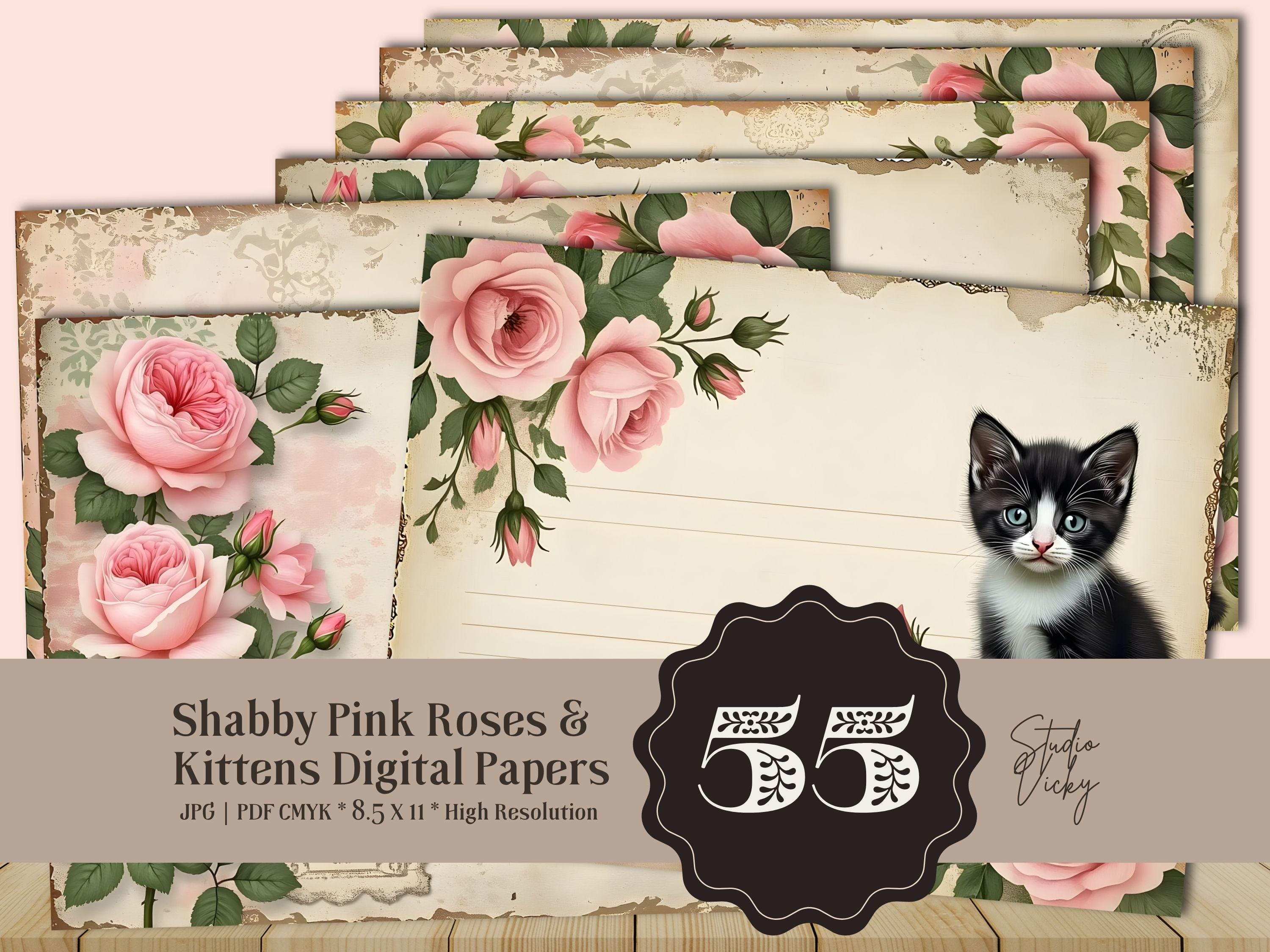 Shabby Pink Rose Kitten Journal Pages: Printable Ephemera Kit (PDF Download)