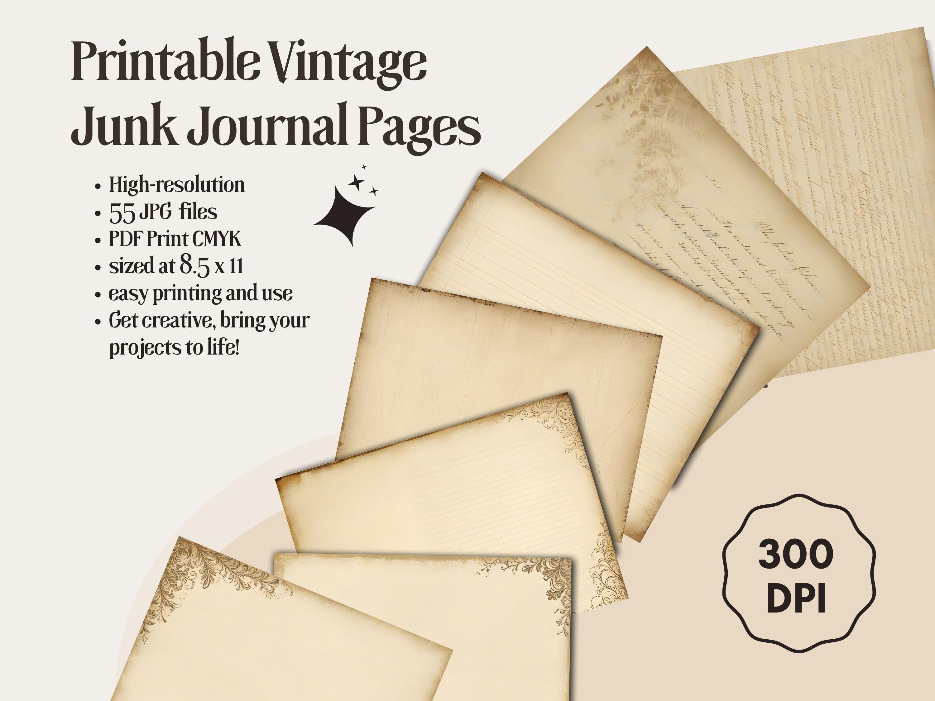 Vintage Damask Junk Journal Pages: Beige Floral Ephemera (PDF Download)