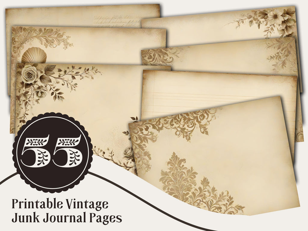 Vintage Damask Junk Journal Pages: Beige Floral Ephemera (PDF Download)