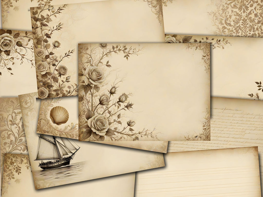 Vintage Damask Junk Journal Pages: Beige Floral Ephemera (PDF Download)