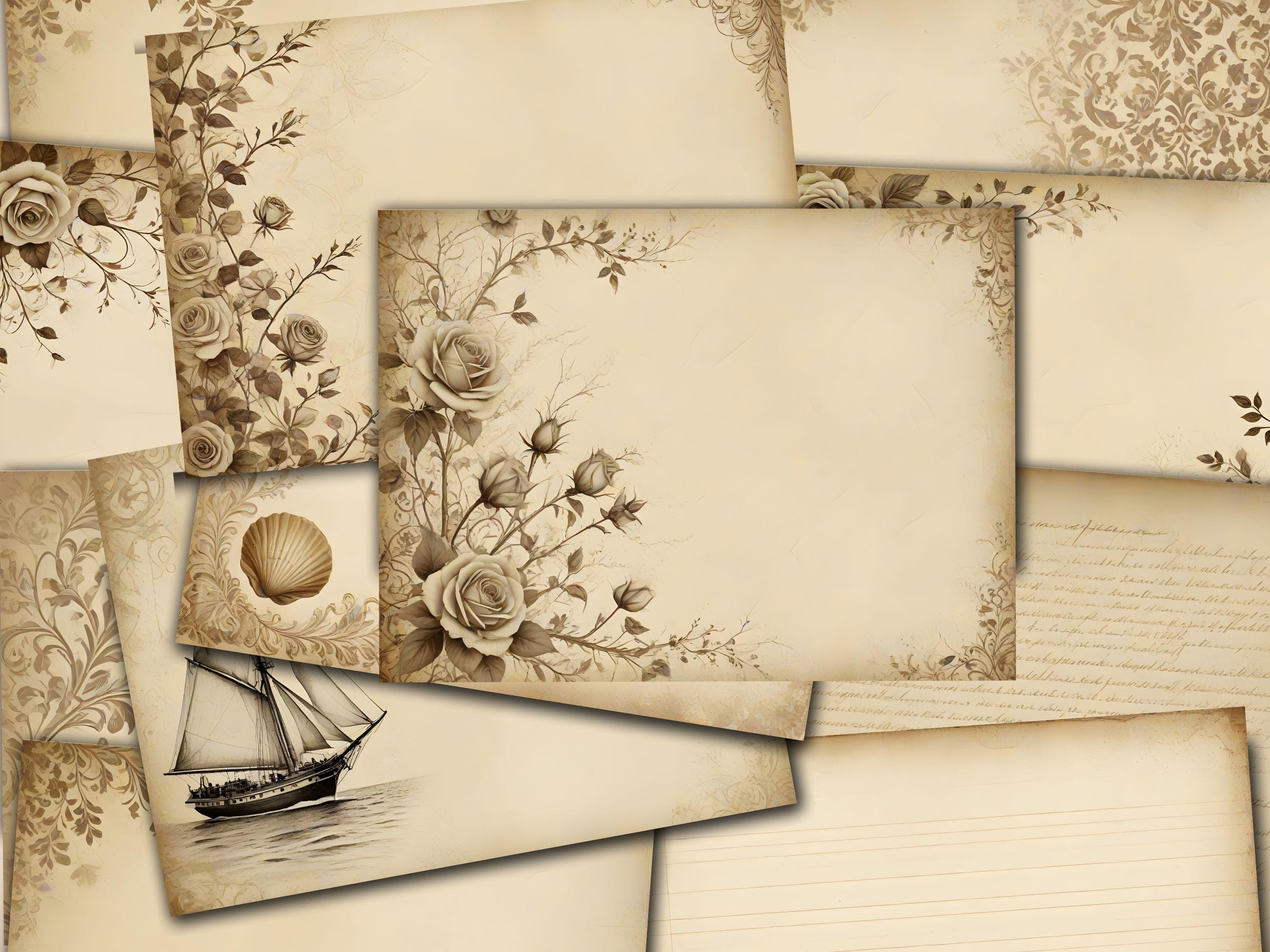 Vintage Damask Junk Journal Pages: Beige Floral Ephemera (PDF Download)
