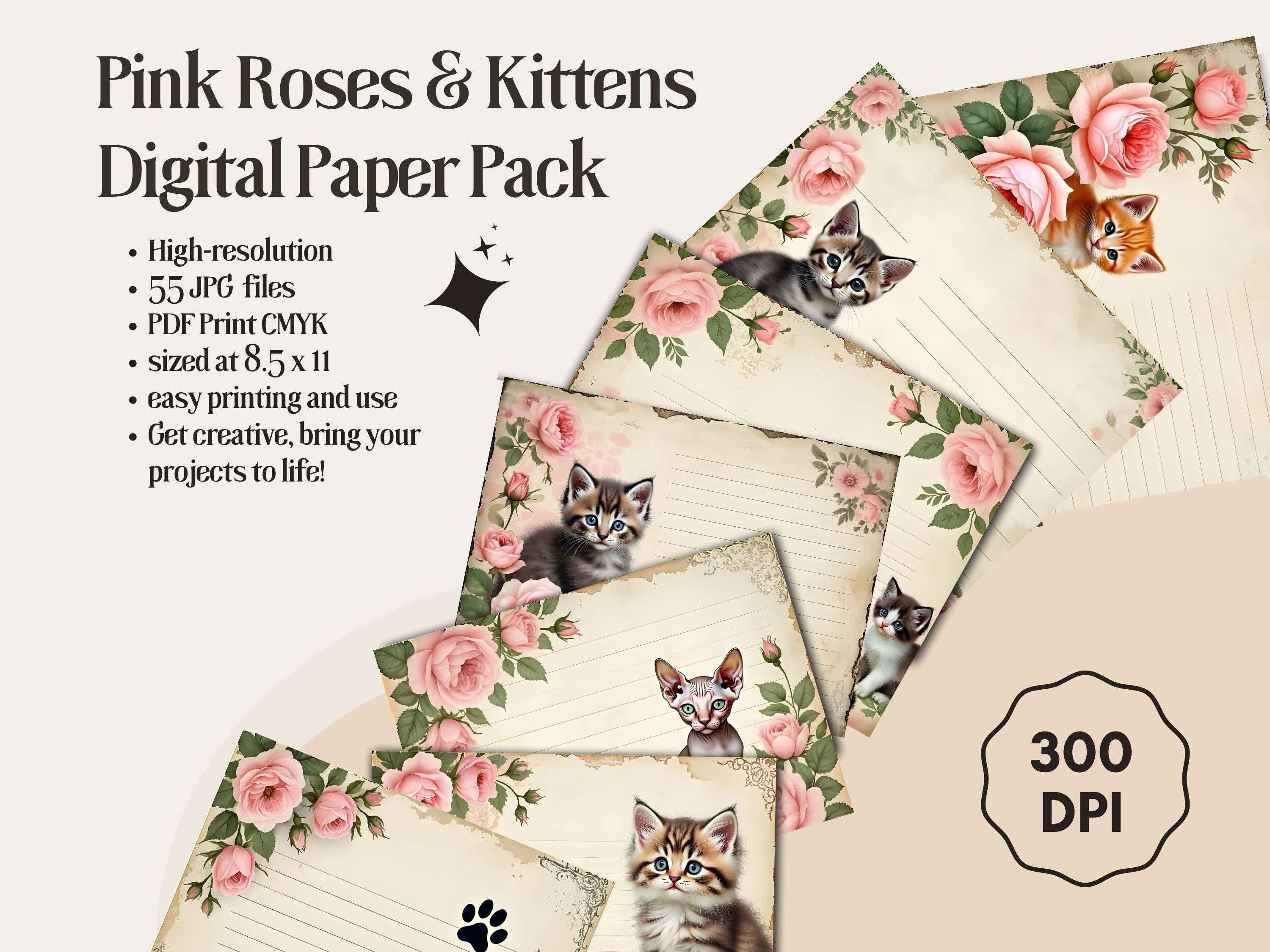 Shabby Pink Rose Kitten Journal Pages: Printable Ephemera Kit (PDF Download)