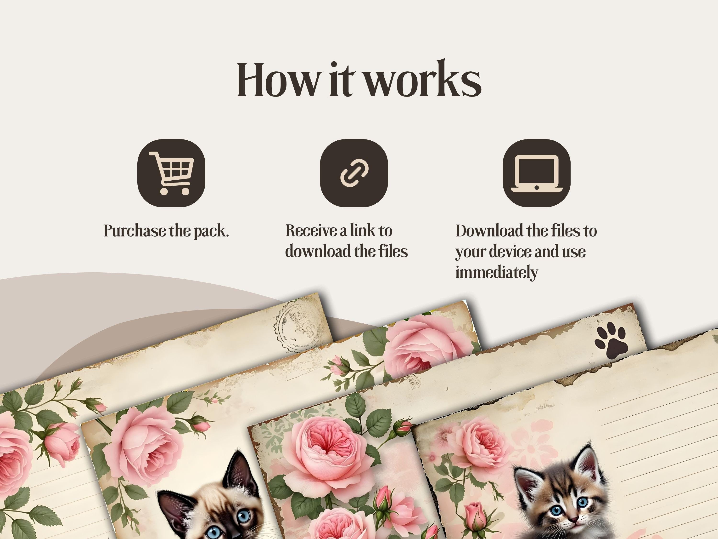 Shabby Pink Rose Kitten Journal Pages: Printable Ephemera Kit (PDF Download)
