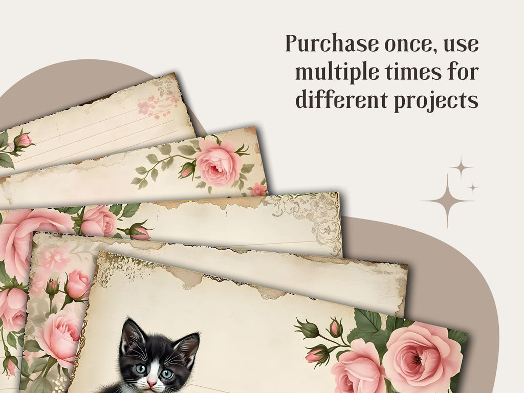 Shabby Pink Rose Kitten Journal Pages: Printable Ephemera Kit (PDF Download)