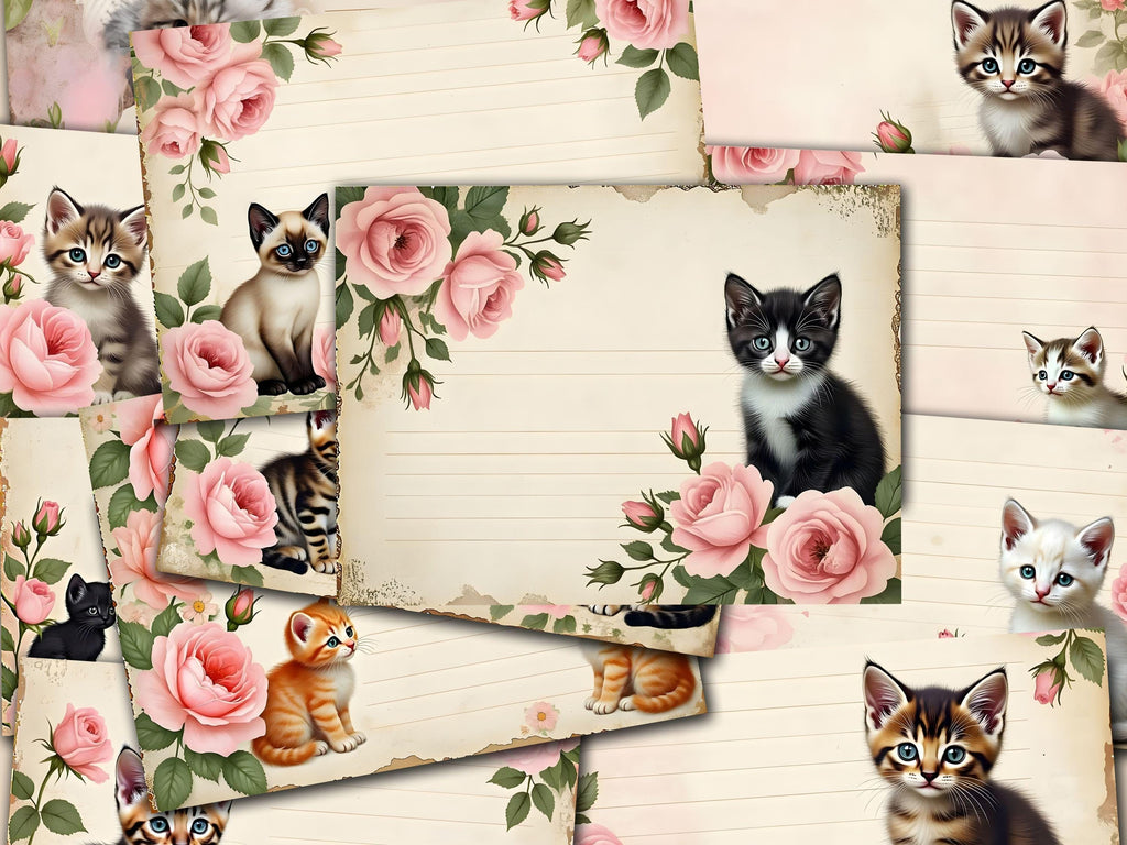 Shabby Pink Rose Kitten Journal Pages: Printable Ephemera Kit (PDF Download)