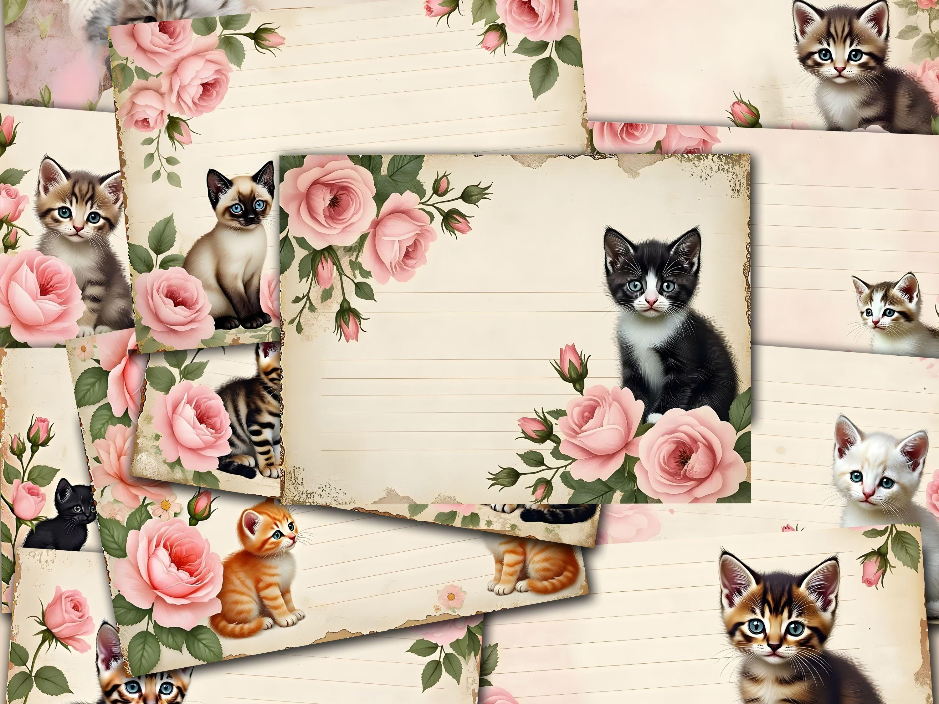 Shabby Pink Rose Kitten Journal Pages: Printable Ephemera Kit (PDF Download)
