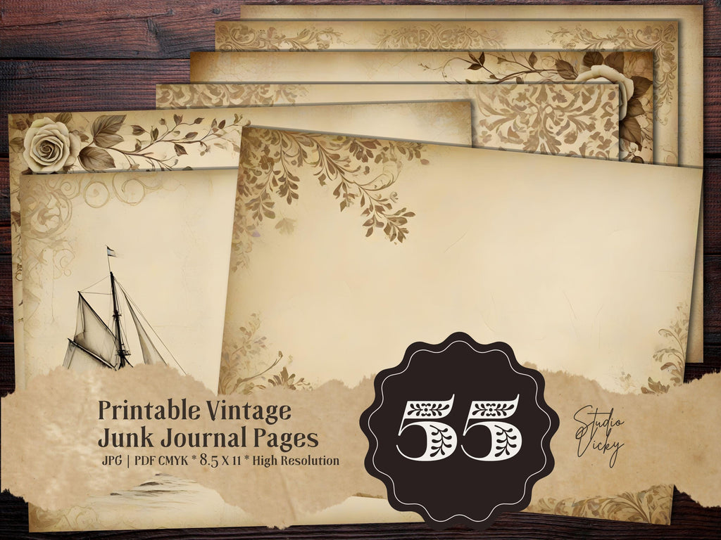 Vintage Damask Junk Journal Pages: Beige Floral Ephemera (PDF Download)