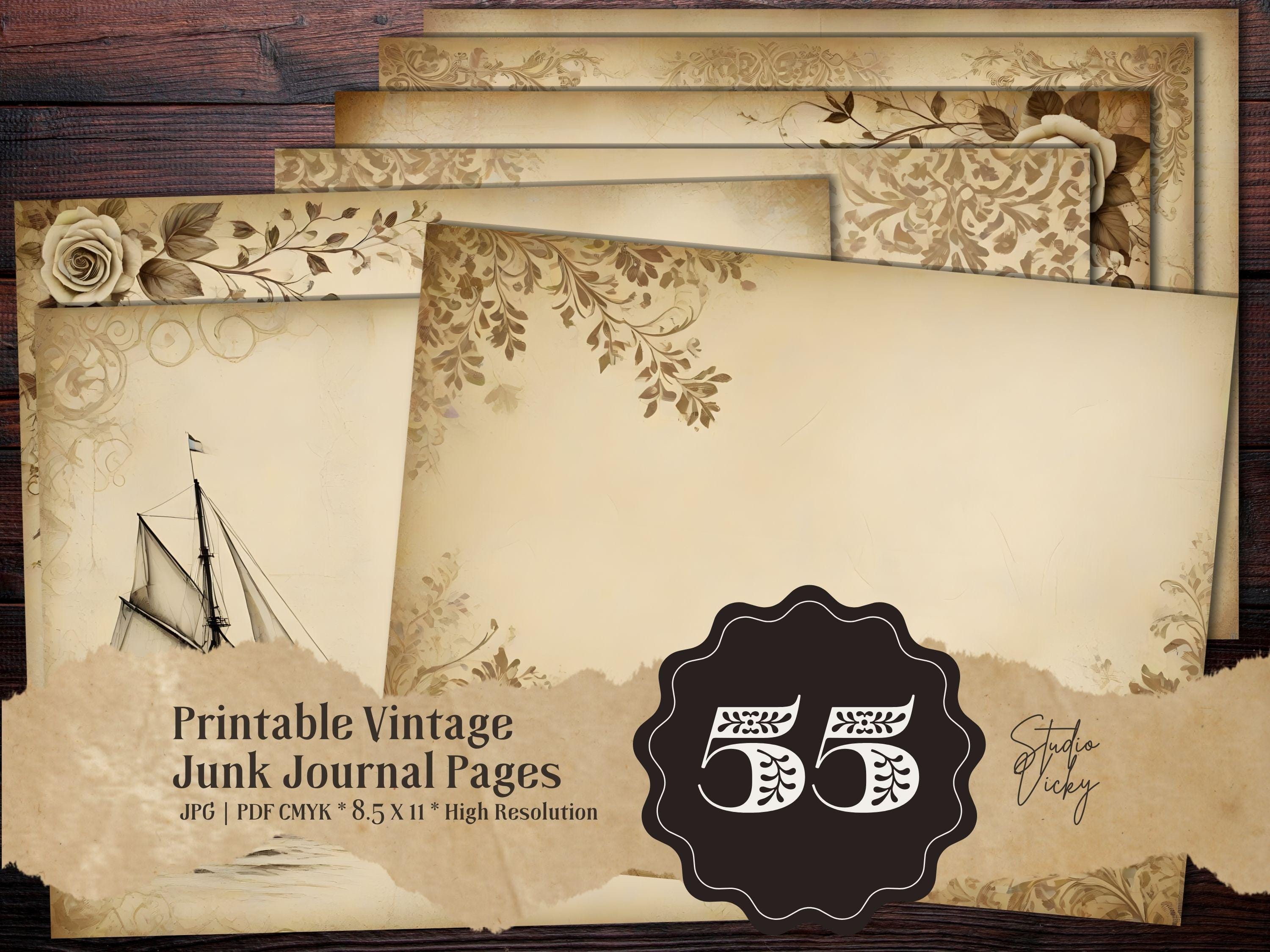 Vintage Damask Junk Journal Pages: Beige Floral Ephemera (PDF Download)