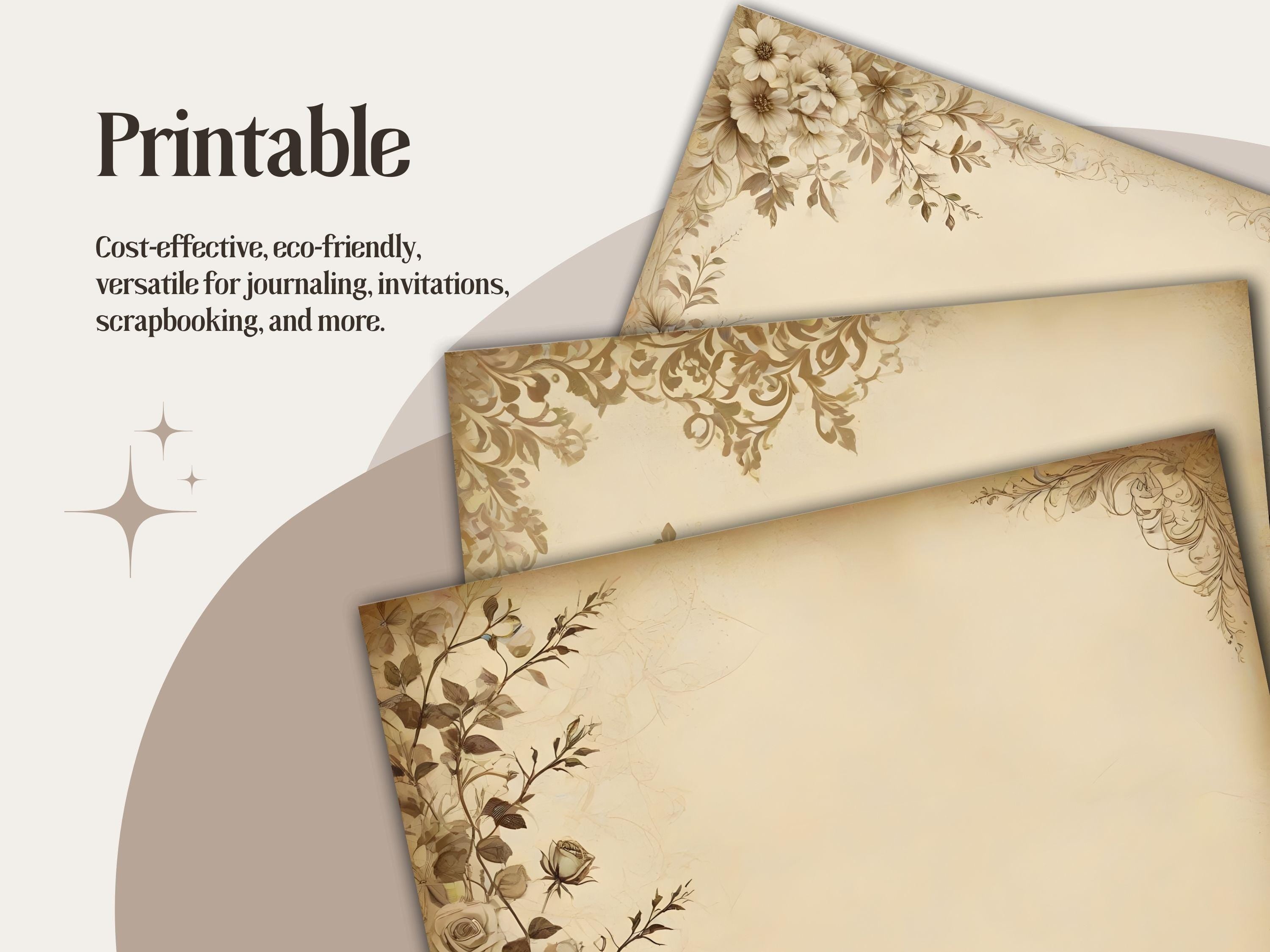 Vintage Damask Junk Journal Pages: Beige Floral Ephemera (PDF Download)