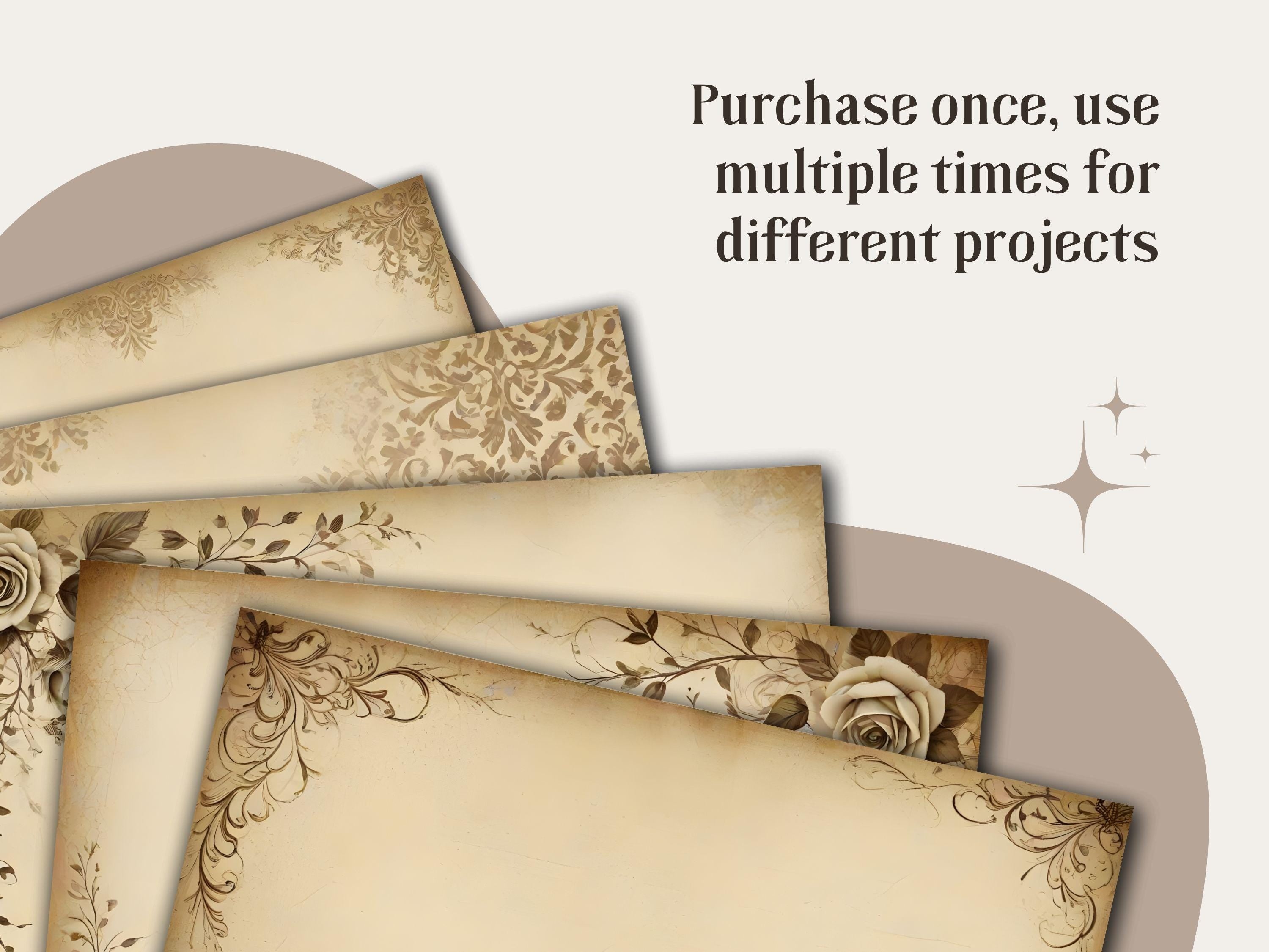 Vintage Damask Junk Journal Pages: Beige Floral Ephemera (PDF Download)
