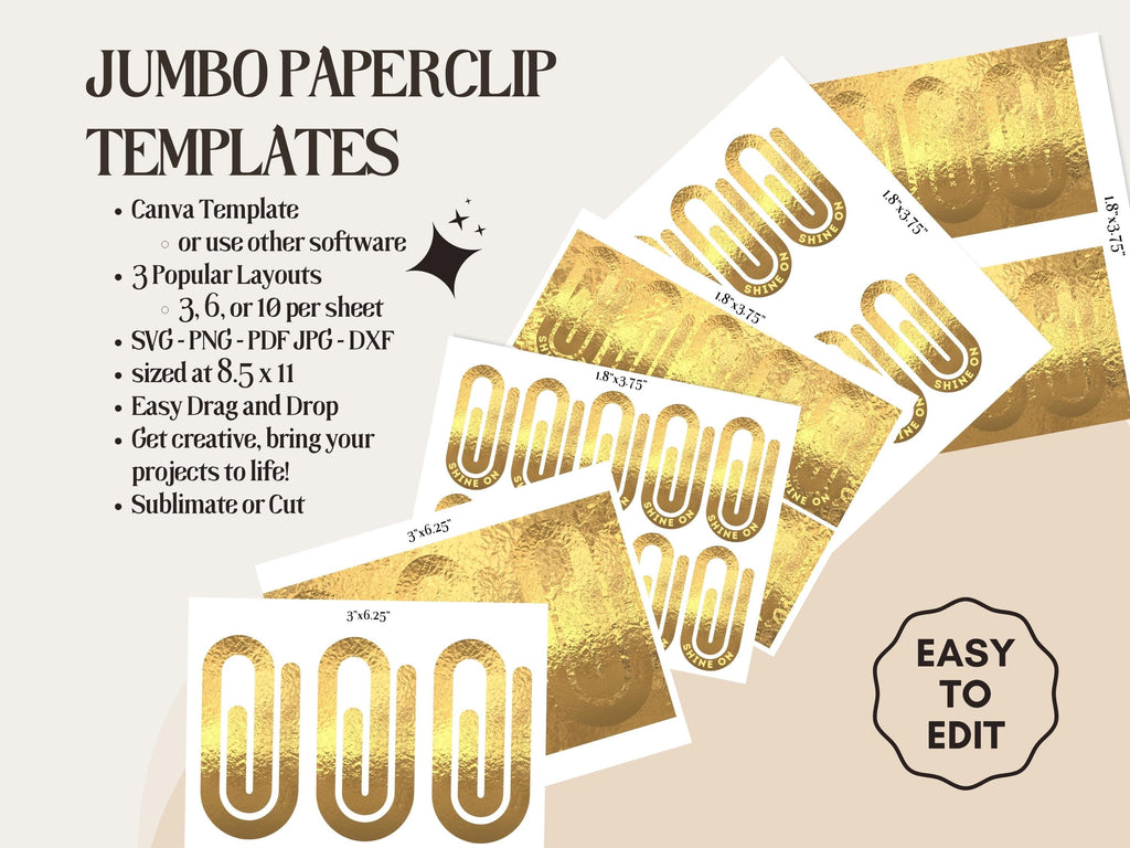 Jumbo Gold Paper Clip Template: Canva Editable Bookmark SVG (Digital Download)