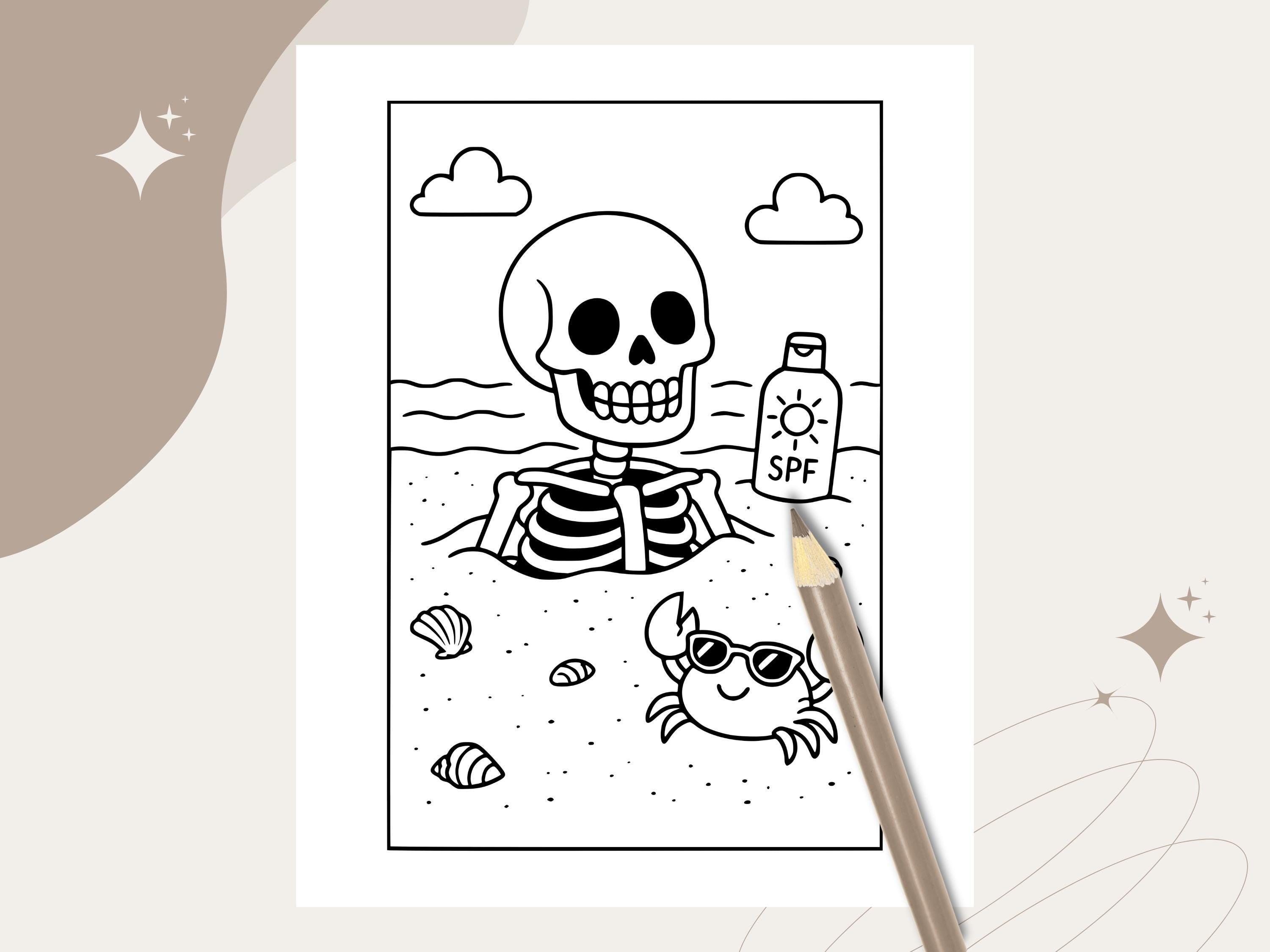 Spooky Cuties Summer Coloring Pages: Cozy Goth Beach (PDF Download w/Bonus Image)