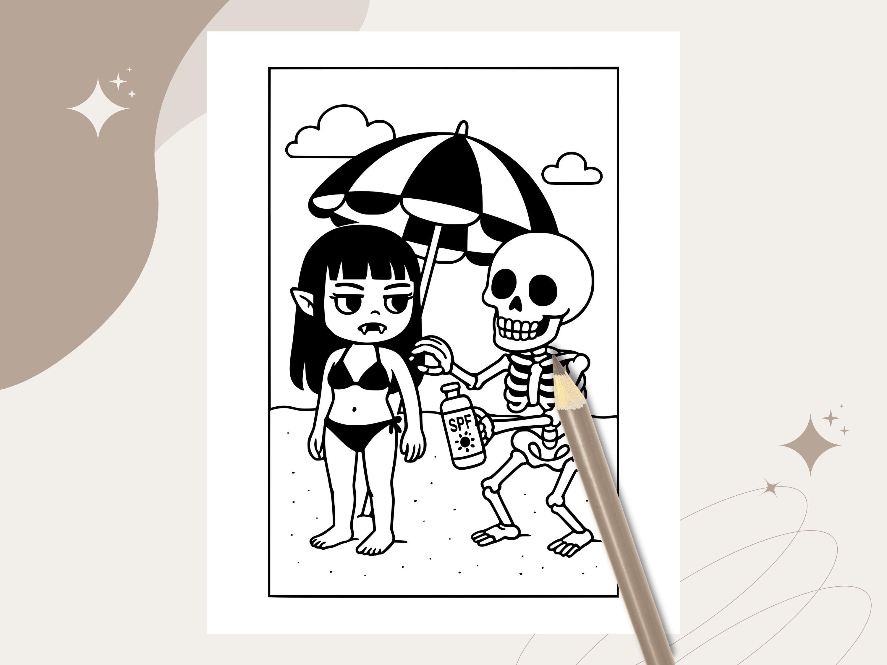 Spooky Cuties Summer Coloring Pages: Cozy Goth Beach (PDF Download w/Bonus Image)