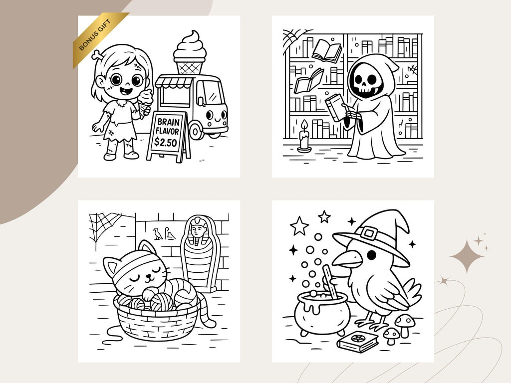 Spooky Cuties Coloring Pages: Kawaii Halloween, Cozy Moments (PDF Download)
