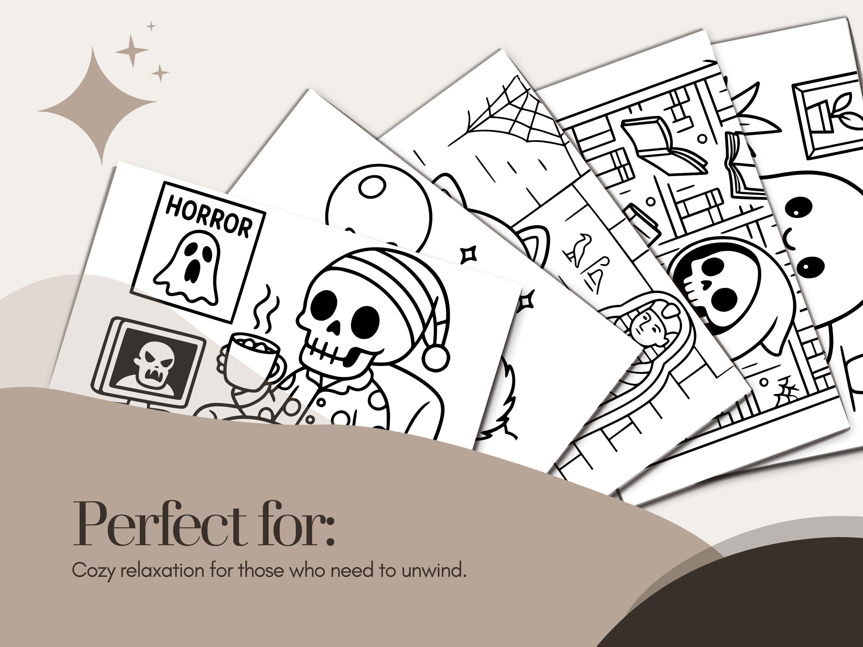 Spooky Cuties Coloring Pages: Kawaii Halloween, Cozy Moments (PDF Download)