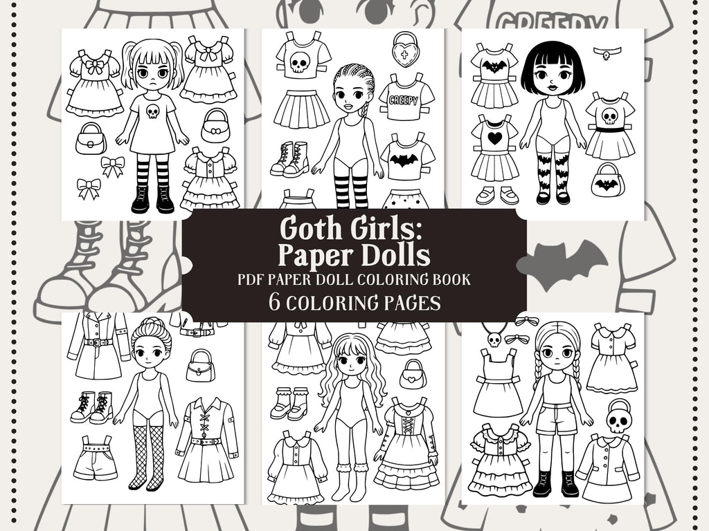 Goth Girls Paper Dolls Coloring Pages, Printable Activity (PDF & PNG)