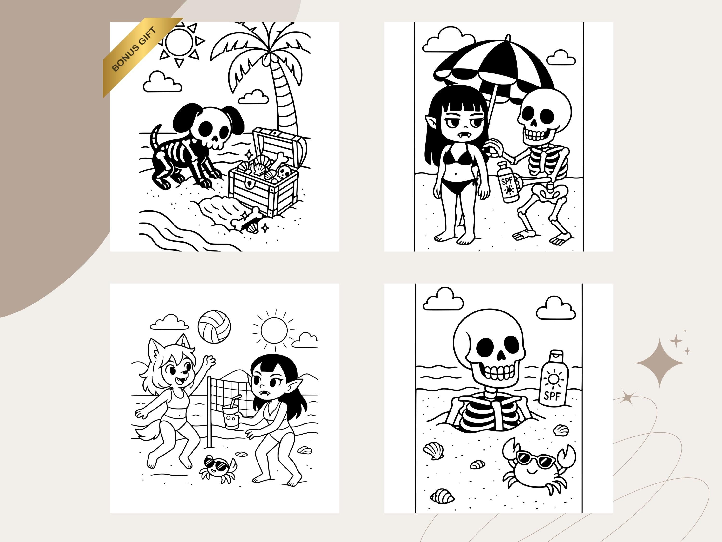 Spooky Cuties Summer Coloring Pages: Cozy Goth Beach (PDF Download w/Bonus Image)