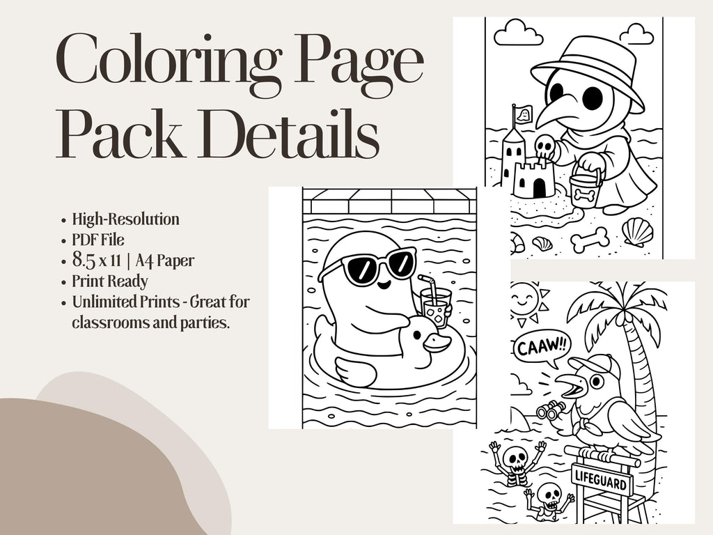 Spooky Cuties Summer Coloring Pages: Cozy Goth Beach (PDF Download w/Bonus Image)