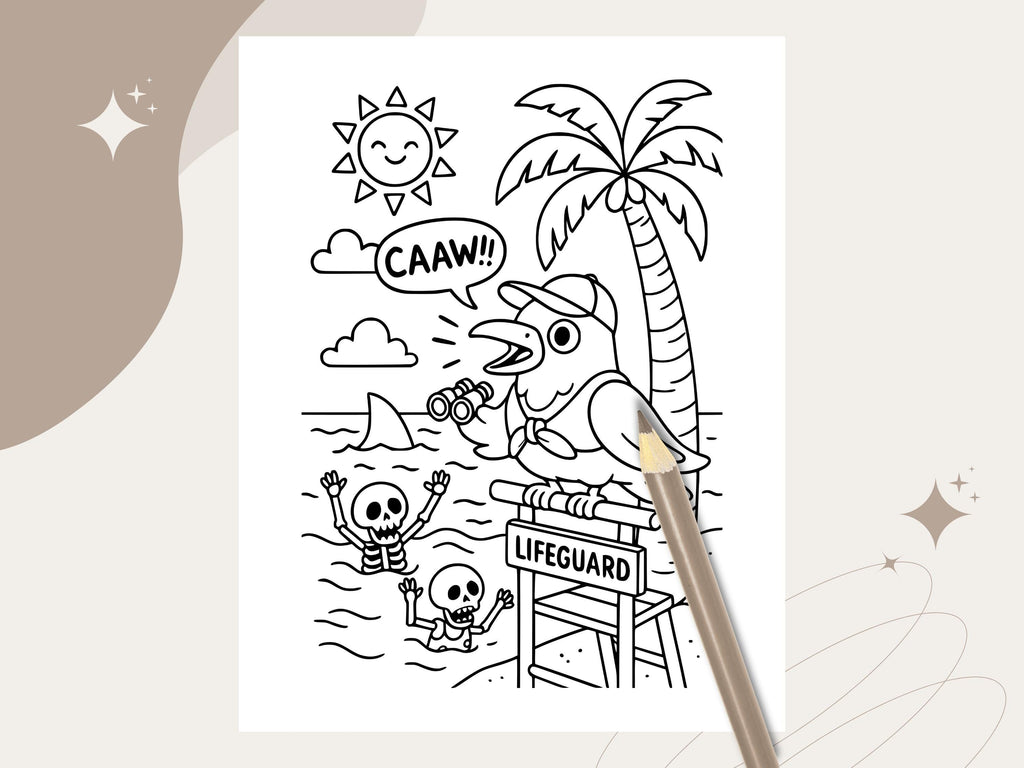 Spooky Cuties Summer Coloring Pages: Cozy Goth Beach (PDF Download w/Bonus Image)