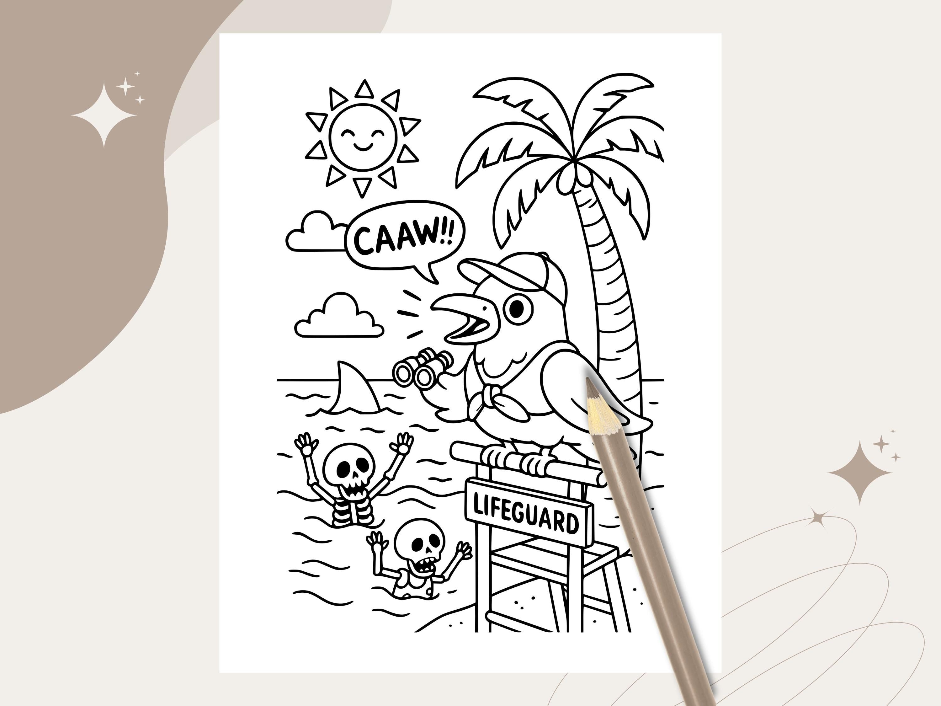 Spooky Cuties Summer Coloring Pages: Cozy Goth Beach (PDF Download w/Bonus Image)