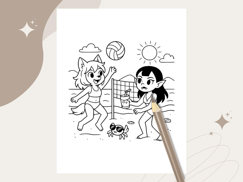 Spooky Cuties Summer Coloring Pages: Cozy Goth Beach (PDF Download w/Bonus Image)