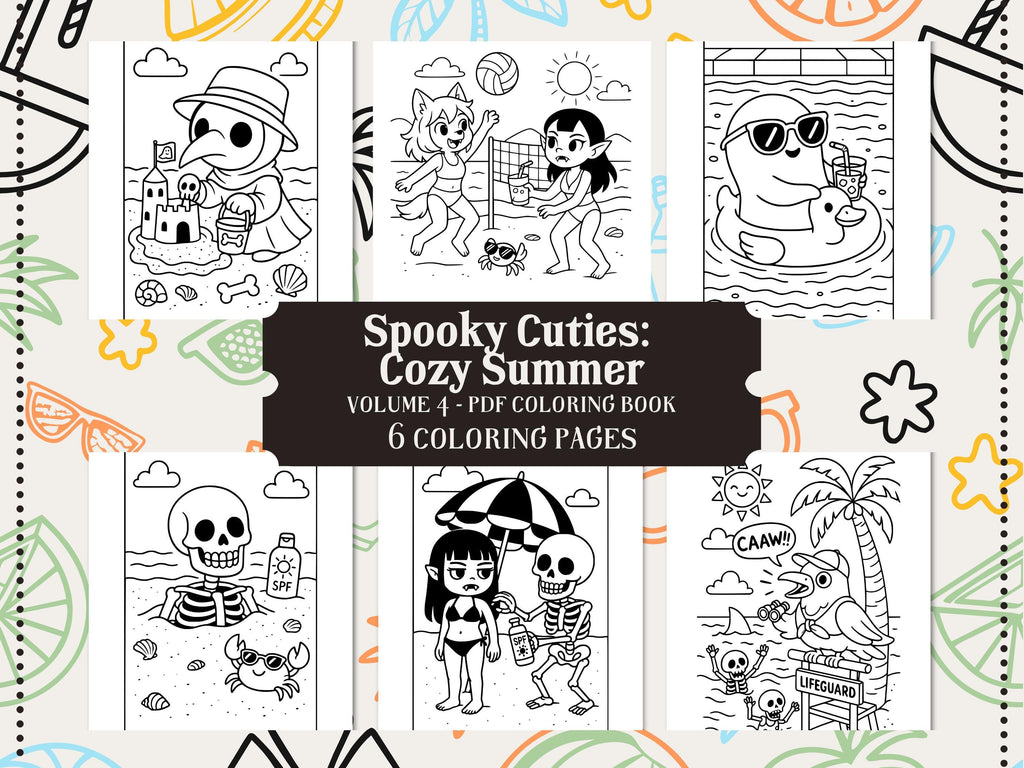 Spooky Cuties Summer Coloring Pages: Cozy Goth Beach (PDF Download w/Bonus Image)