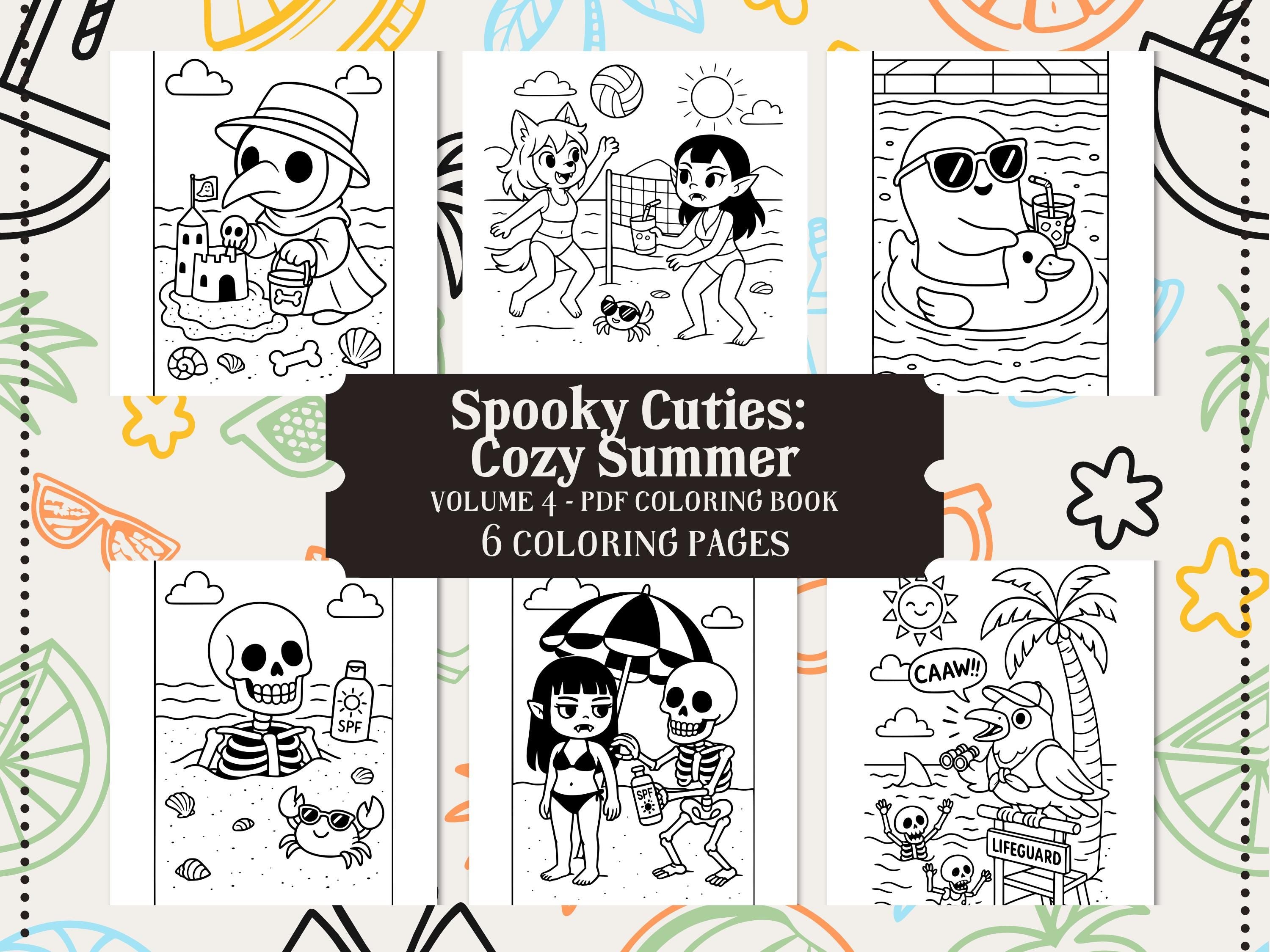 Spooky Cuties Summer Coloring Pages: Cozy Goth Beach (PDF Download w/Bonus Image)