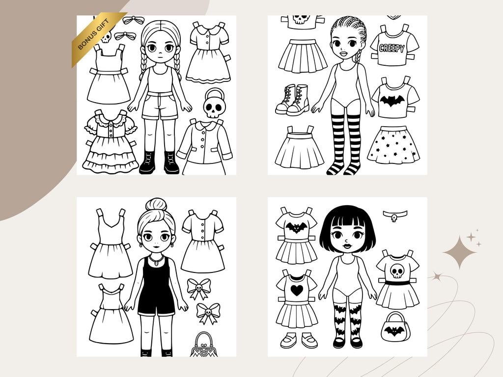 Goth Girls Paper Dolls Coloring Pages, Printable Activity (PDF & PNG)