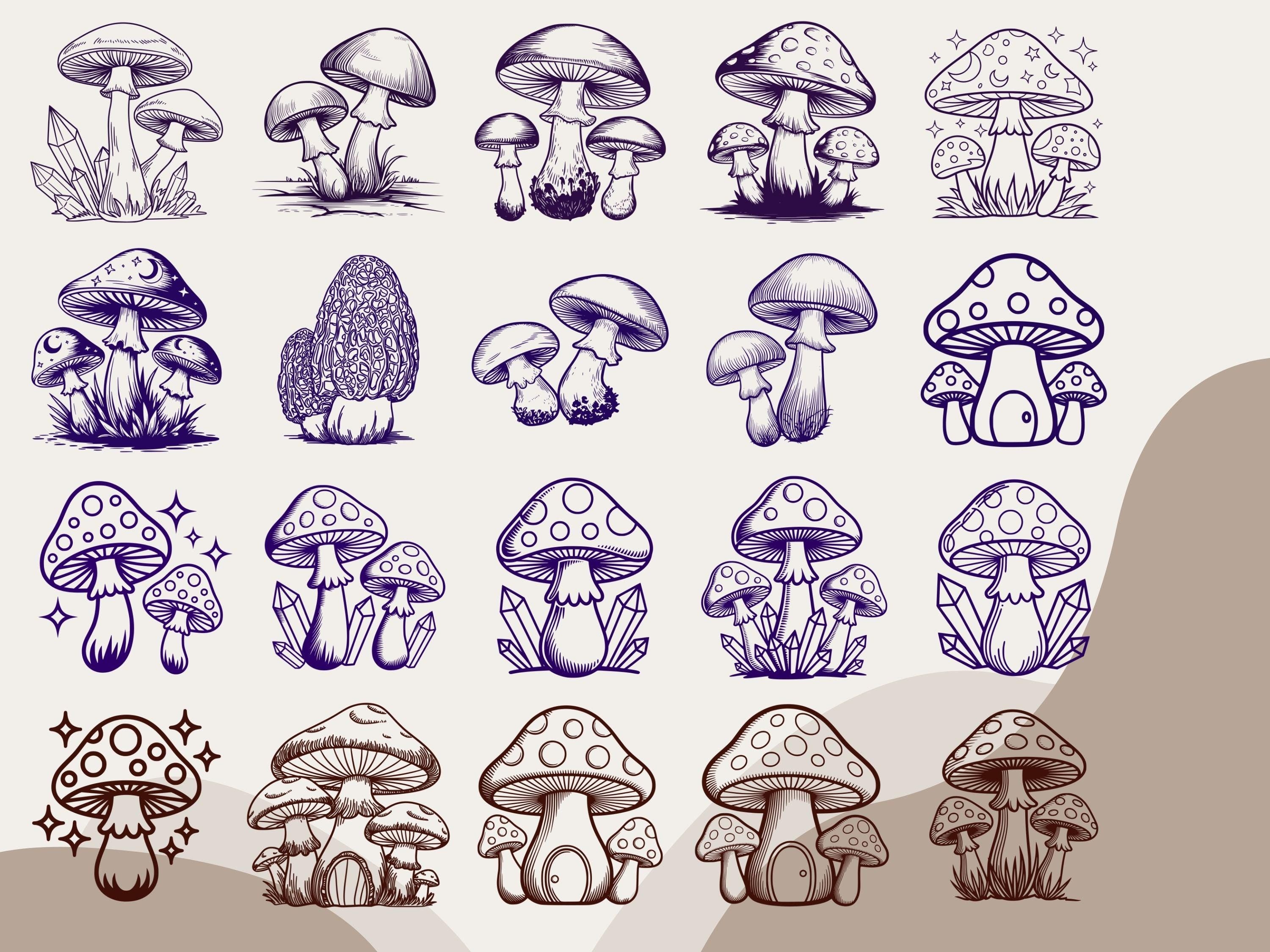 50 Whimsical Mushroom Illustrations, Clipart Bundle (png, jpg, svg, pdf)