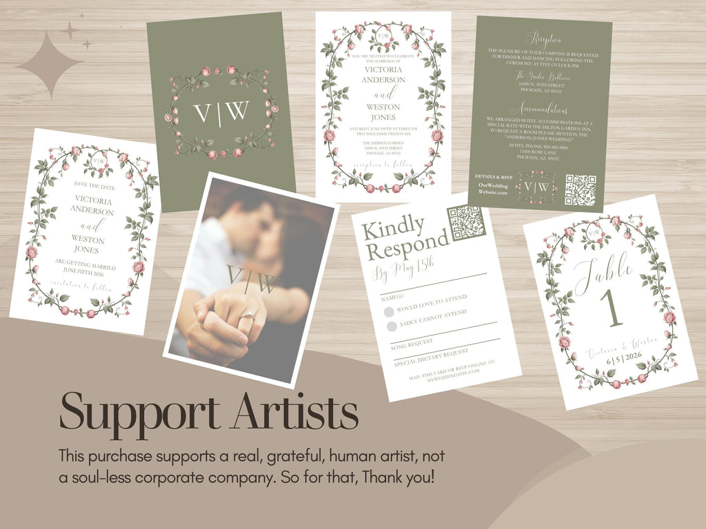 Victorian Garden Wedding Invitation Suite: Sage Green Floral Canva Templates