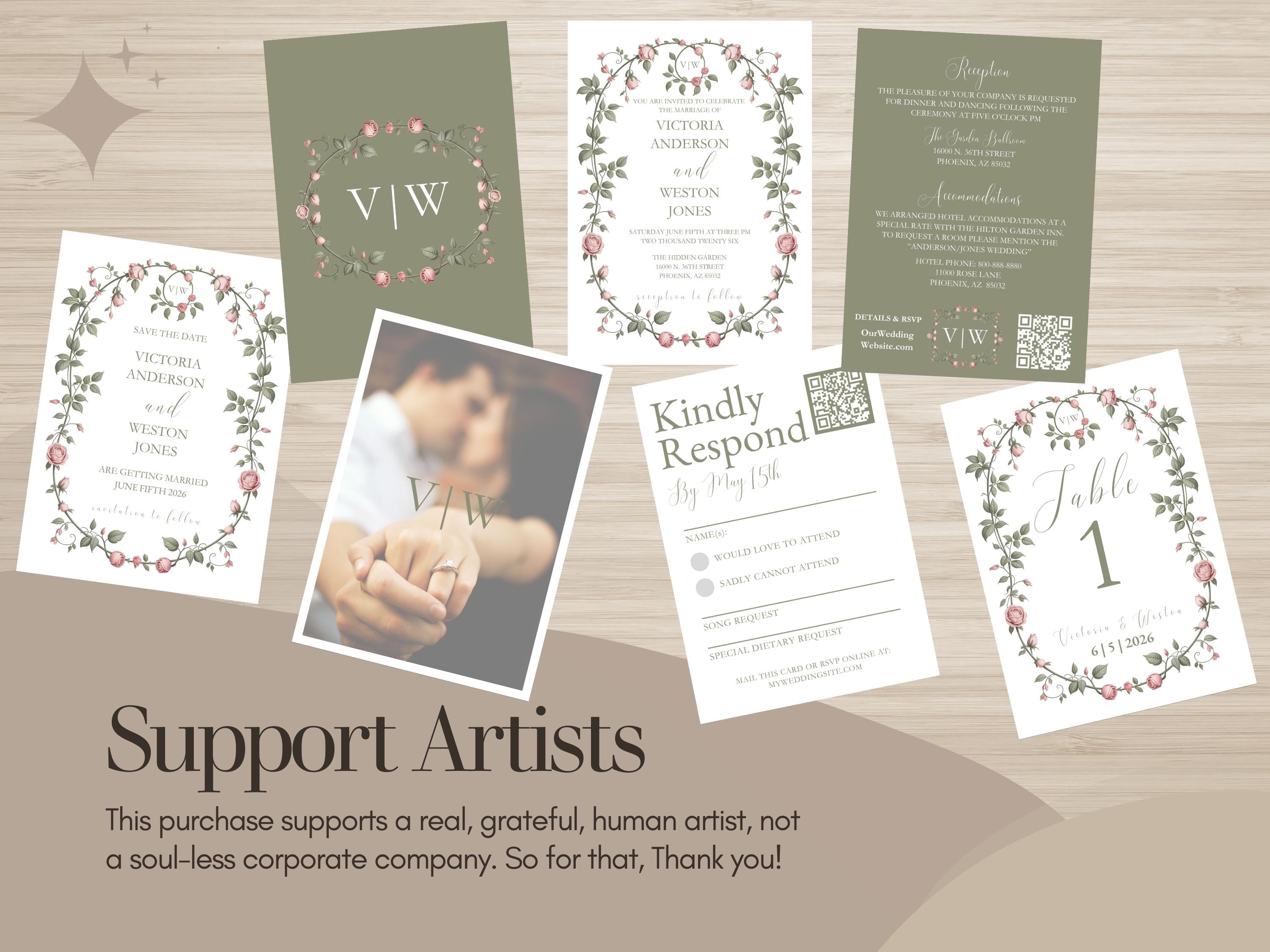 Victorian Garden Wedding Invitation Suite: Sage Green Floral Canva Templates