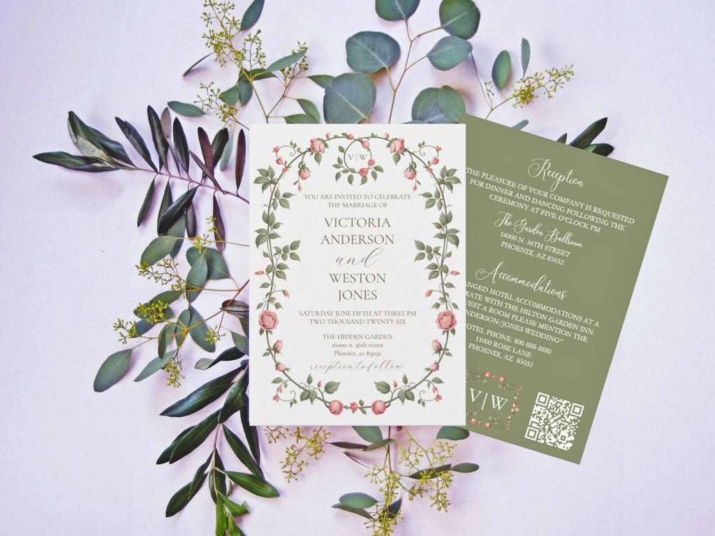 Victorian Garden Wedding Invitation Suite: Sage Green Floral Canva Templates