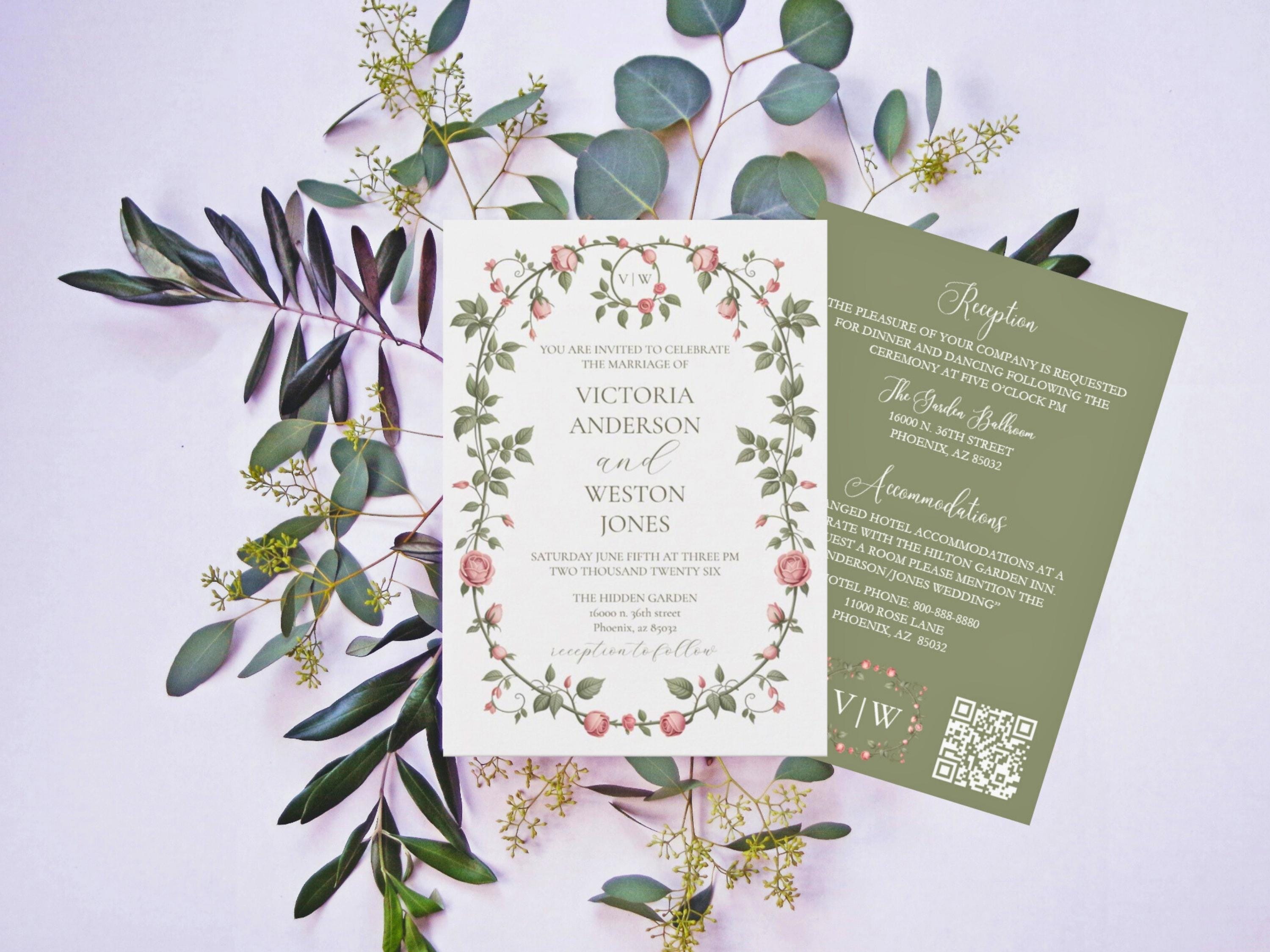Victorian Garden Wedding Invitation Suite: Sage Green Floral Canva Templates