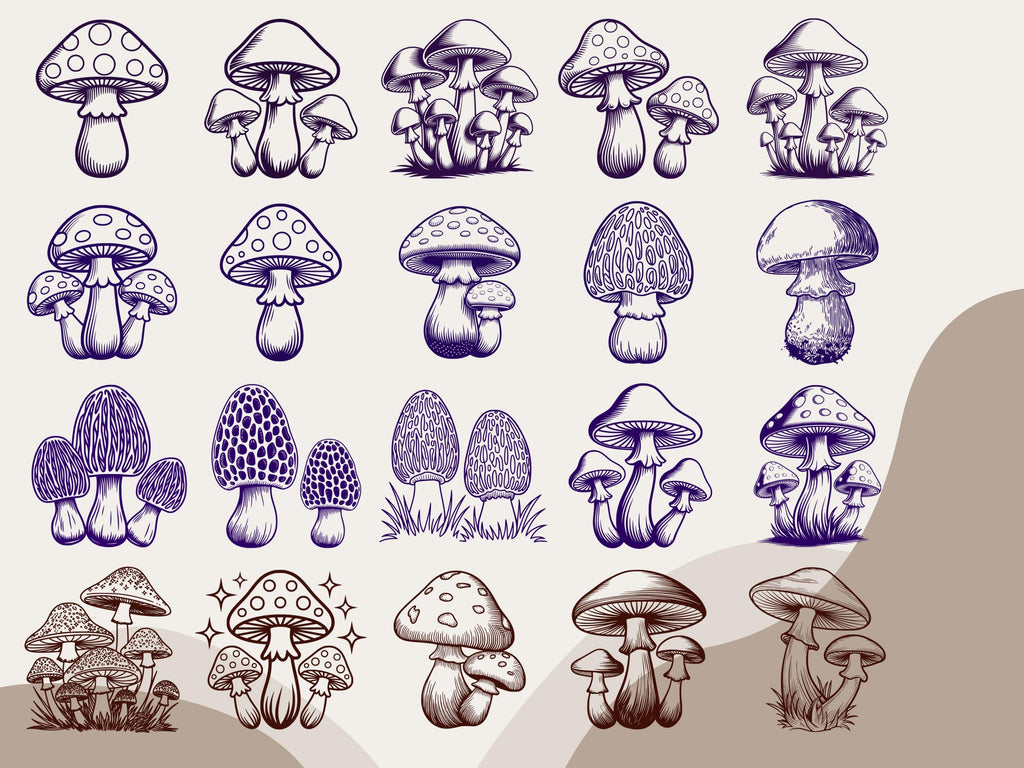 50 Whimsical Mushroom Illustrations, Clipart Bundle (png, jpg, svg, pdf)