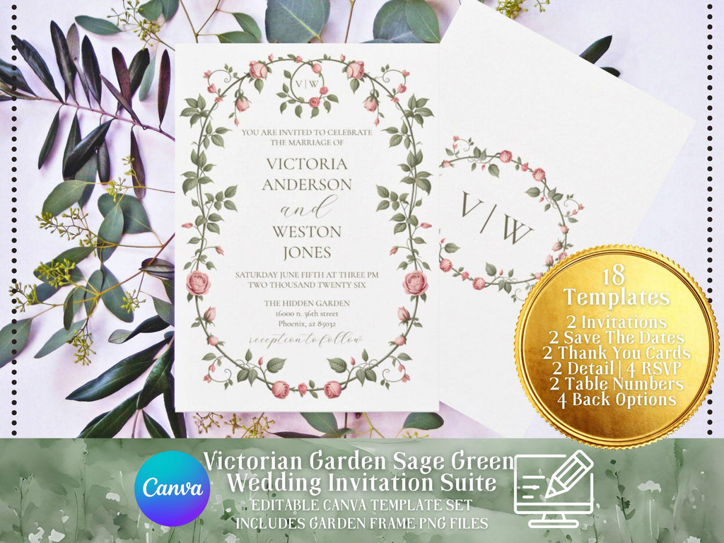 Victorian Garden Wedding Invitation Suite: Sage Green Floral Canva Templates